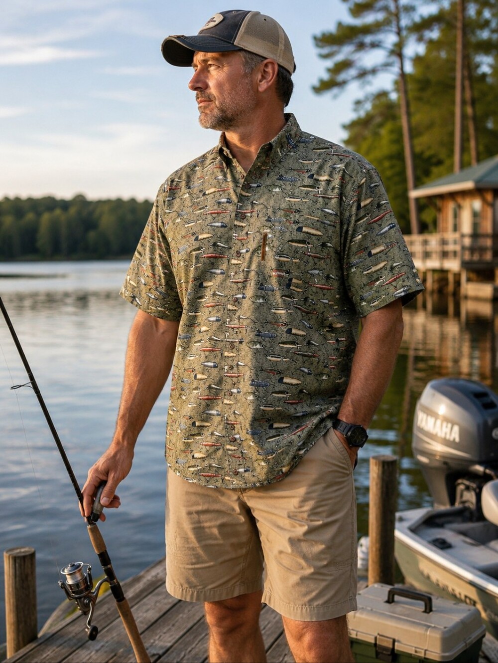 North River Outfitters Fishing Lure Print Button-Up Shirt Size Large